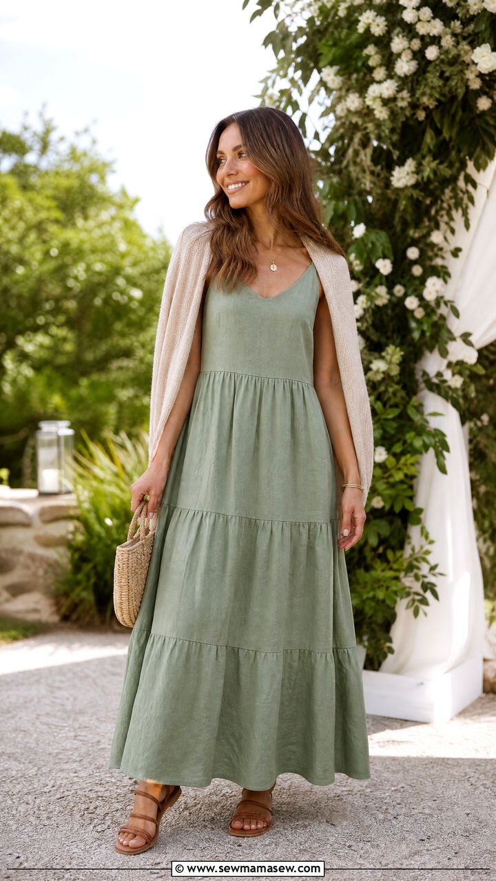 Sage Green Linen Maxi Dress - 30 summer modest outfit ideas