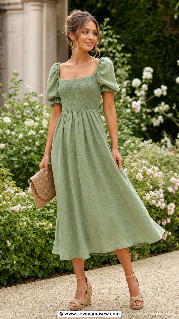 Sage Green Linen Midi Dress Outfit - 25 Spring fashion ideas