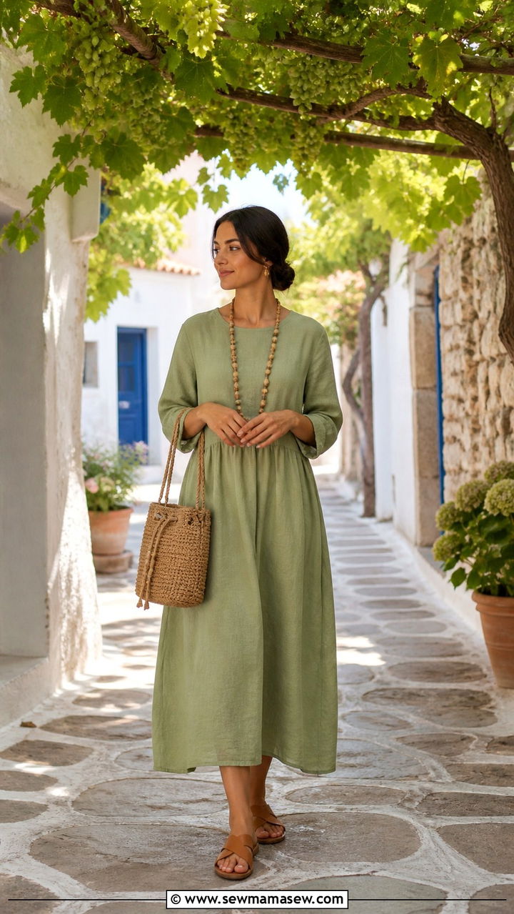 Sage Green Linen Midi Dress With Wooden Bead Necklace - 40 Mediterranean outfit ideas