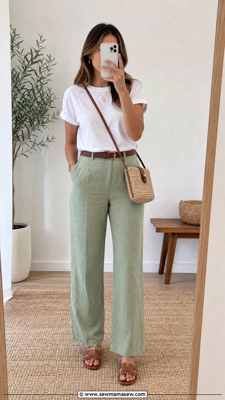 Sage Green Linen Pants With A White Tee - 25 How to style linen pants in spring