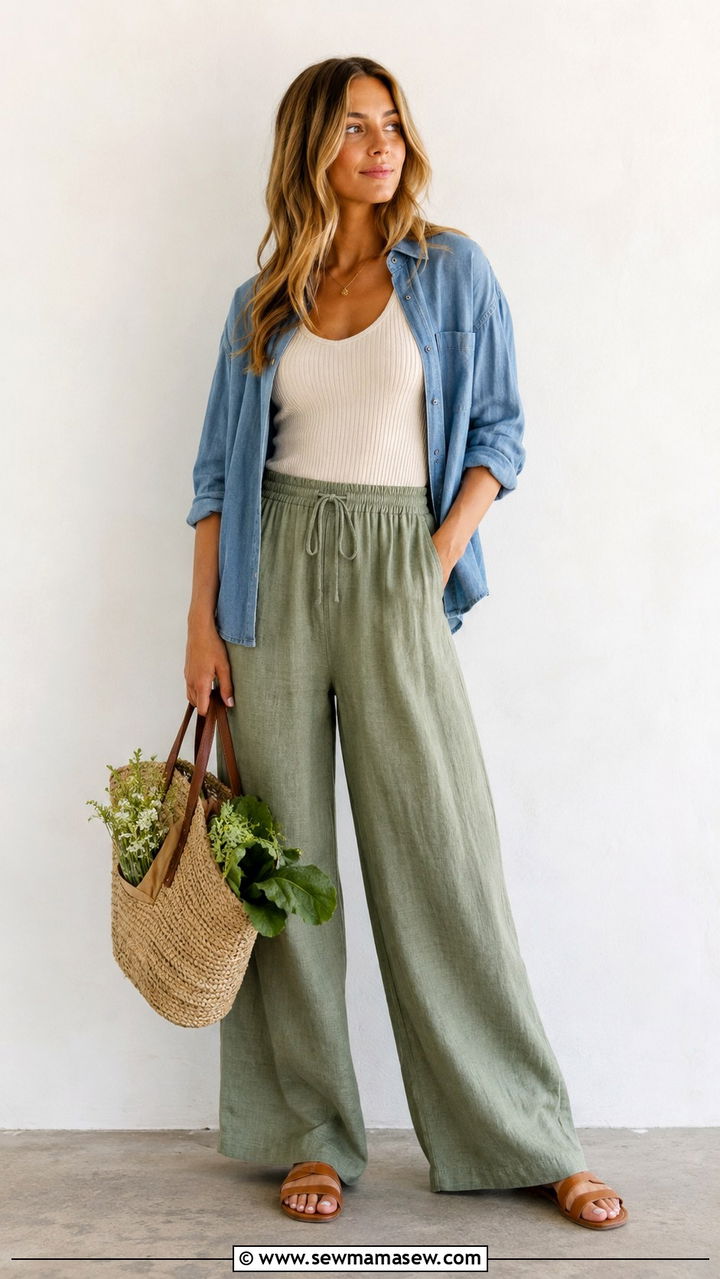 Sage Green Linen Pants With Ribbed Knit Top - 20 linen pants outfits 2026