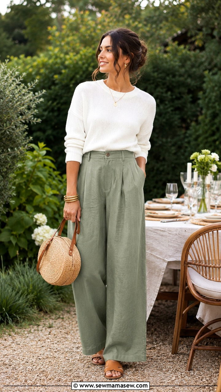 Sage Green Linen Pants With White Sweater - 25 Wide leg linen pants outfit ideas with a sweater