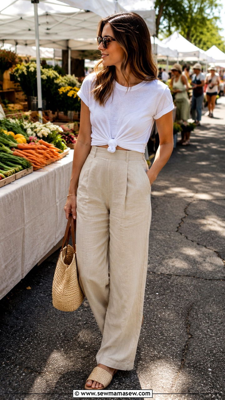 Sage Green Linen Pants With White Tank And Tan Sandals - 30 spring linen pants outfit ideas