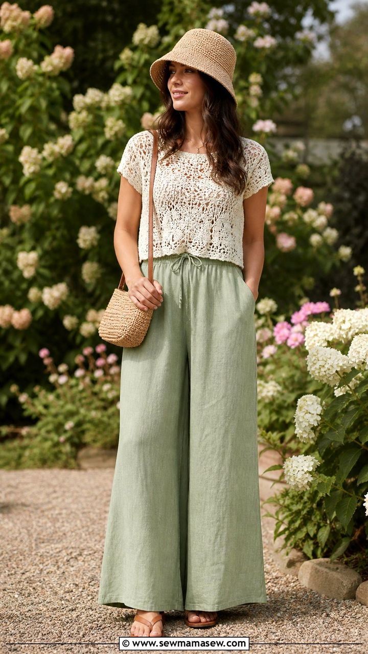 Sage Green Linen Pants with a Crochet Top and Raffia Accessories - 40 linen pants outfit ideas for women
