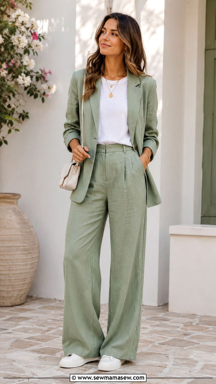 Sage Green Linen Suit with White Tee and Sneakers - 30 spring wardrobe essentials outfits