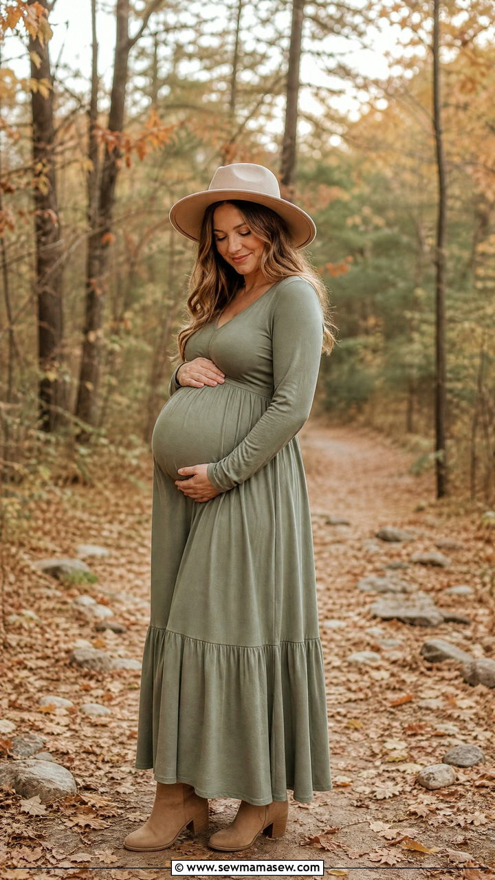 Sage Green Long Sleeve Maternity Photoshoot Maxi Dress - 25 Maternity outfit ideas for photoshoot