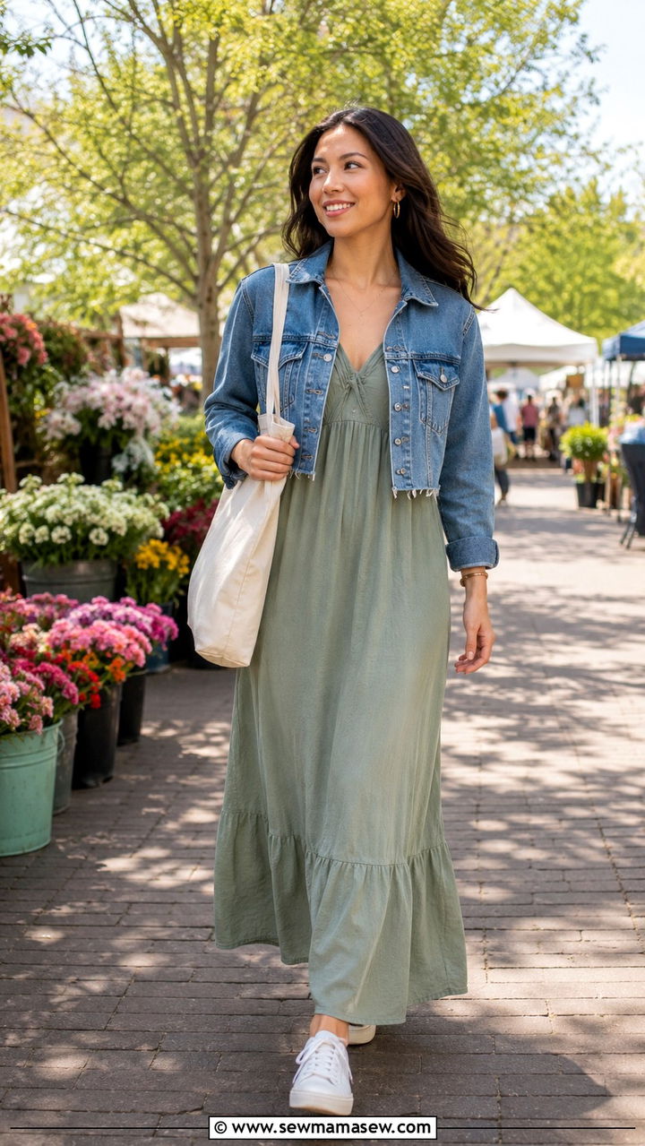 Sage Green Maxi Dress With A Denim Jacket And White Sneakers - 30 spring sage green outfit ideas