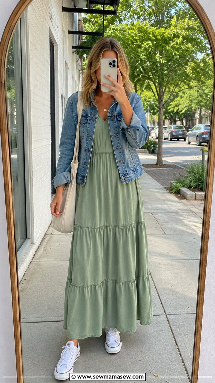 Sage Green Maxi Dress With Denim Jacket - 30 Spring sage outfit ideas