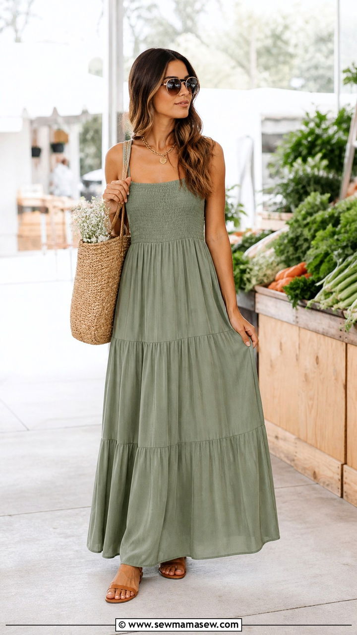 Sage Green Maxi Dress With Tan Sandals - 40 Sage green outfit ideas