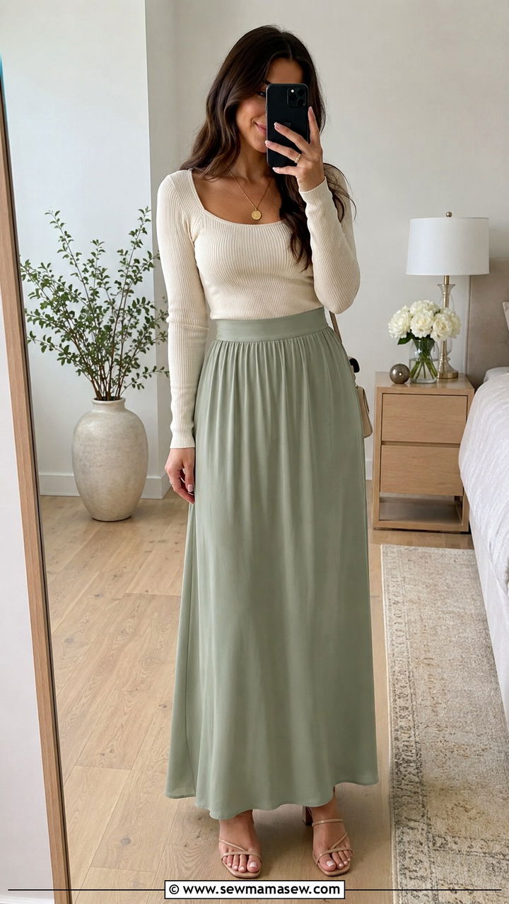 Sage Green Maxi Skirt With A Neutral Knit Top - 30 spring sage green outfit ideas