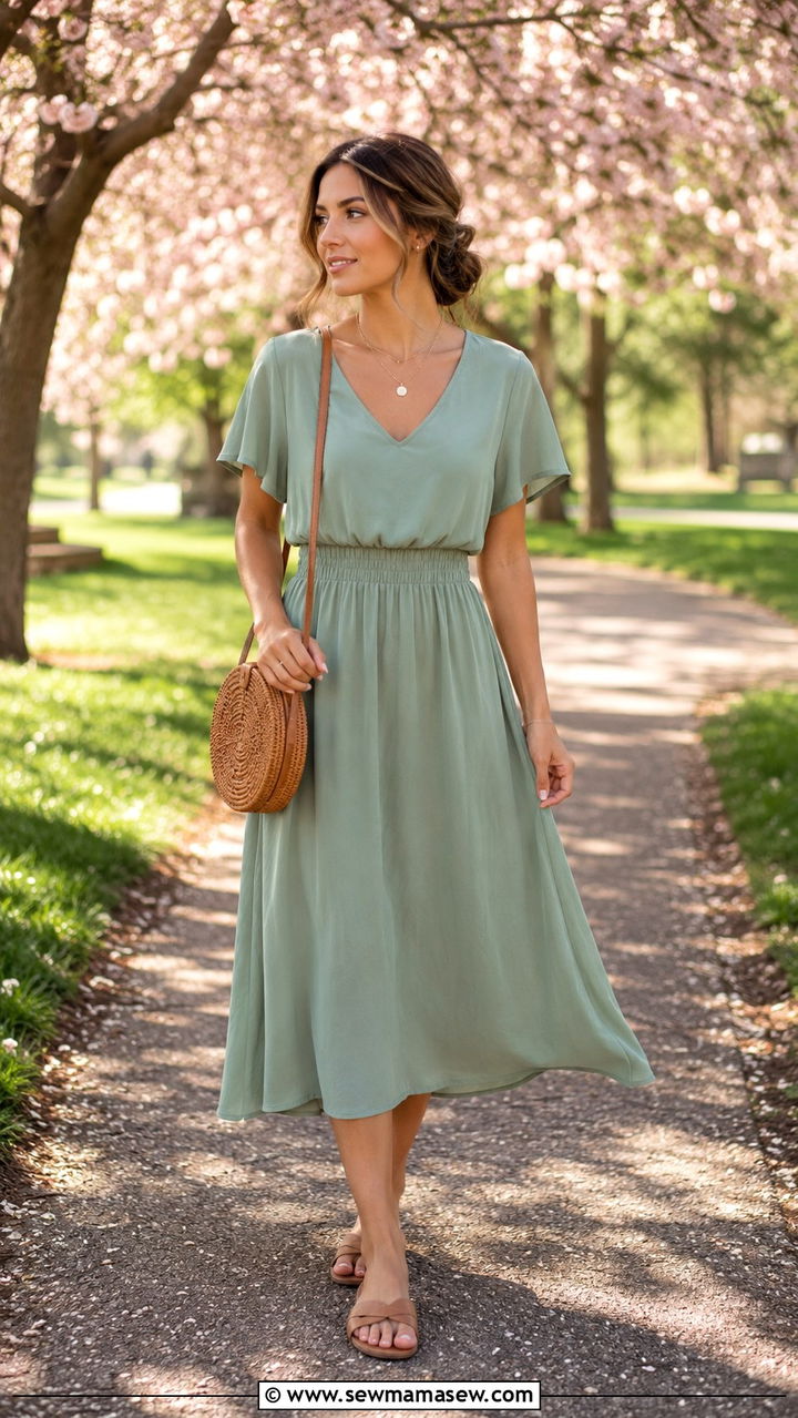 Sage Green Midi Dress With Flat Sandals - 30 spring sage green outfit ideas