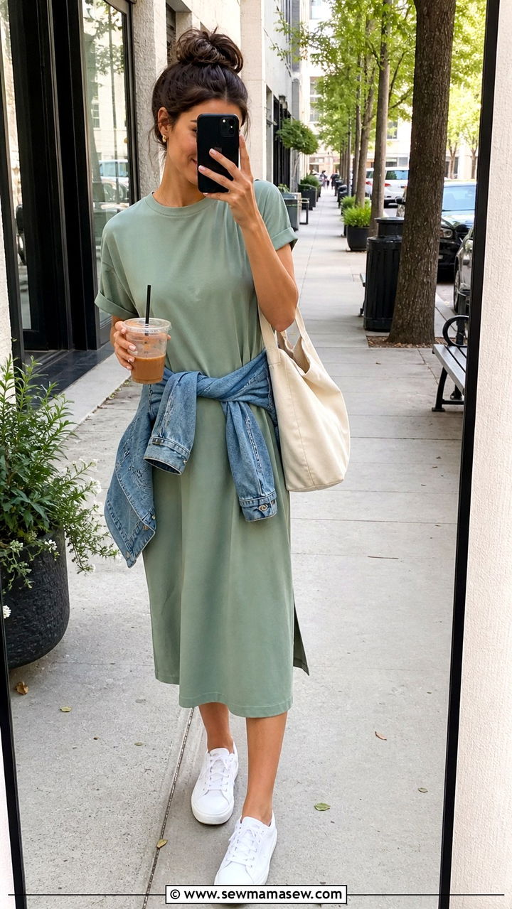 Sage Green Midi Dress With White Sneakers - 40 Sage green outfit ideas