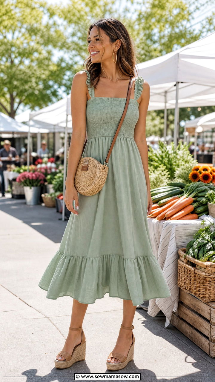 Sage Green Midi Dress With Woven Espadrilles - 20 Green dress outfit ideas summer 2026