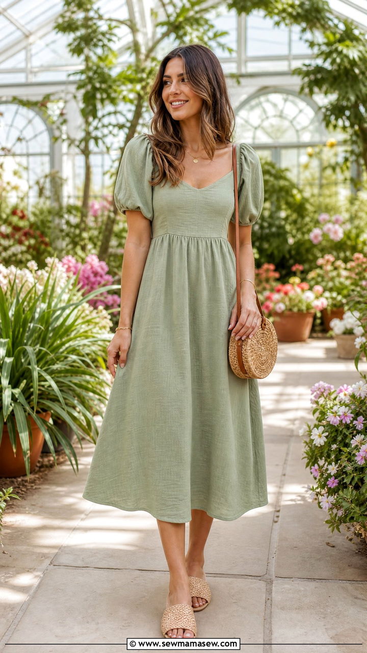 Sage Green Midi Dress With Woven Sandals - 40 Spring photoshoot outfits