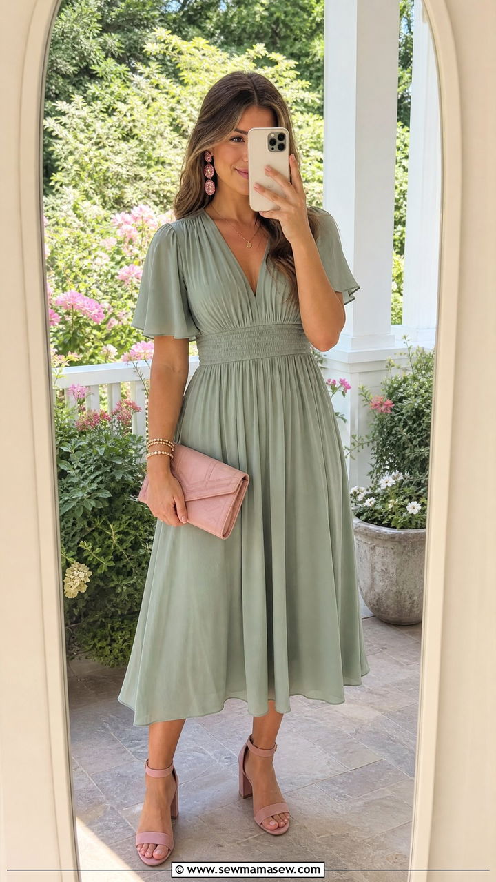 Sage Green Midi Dress and Pink Accessories - 25 Green and pink outfit ideas