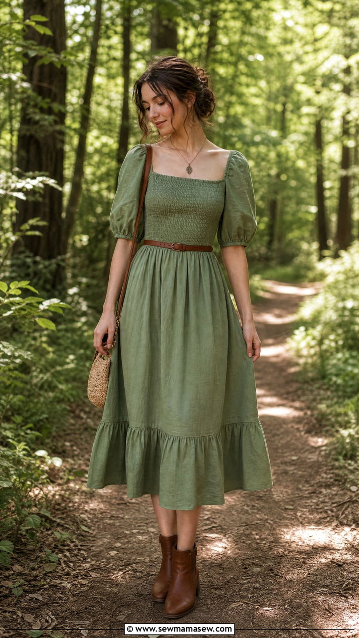 Sage Green Midi Dress with Leather Ankle Boots - 30 Cottagecore spring outfits