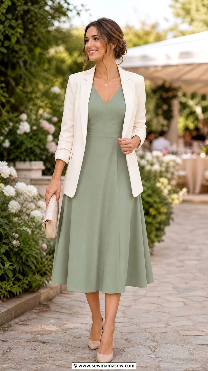 Sage Green Midi Dress with a Cream Blazer - 25 Green and cream outfit ideas