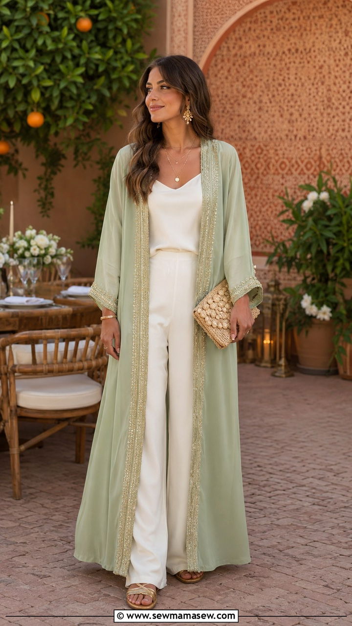 Sage Green Open Kaftan Over Cami and Trousers - 25 Wedding guest outfit ideas Moroccan wedding