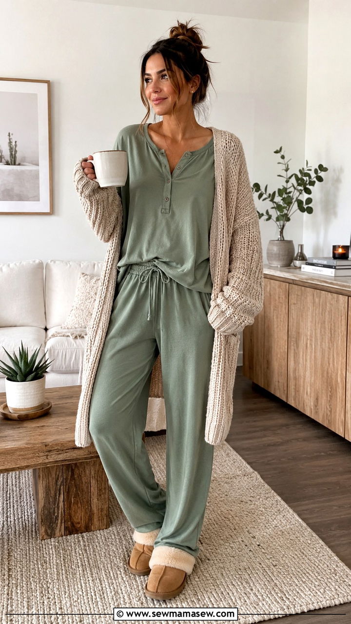 Sage Green Oversized Henley And Drawstring Pants Set - 20 Sage loungewear set outfit ideas