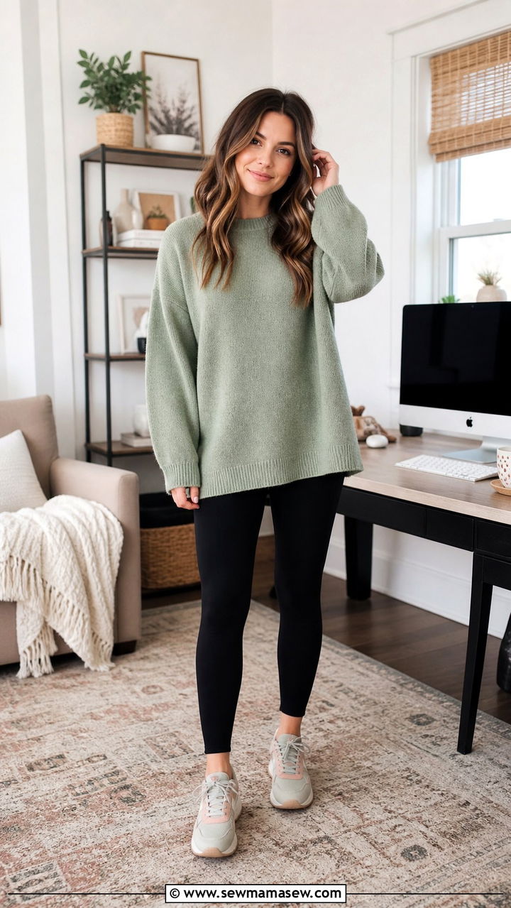 Sage Green Oversized Sweater With Leggings Outfit - 40 Work from home outfits