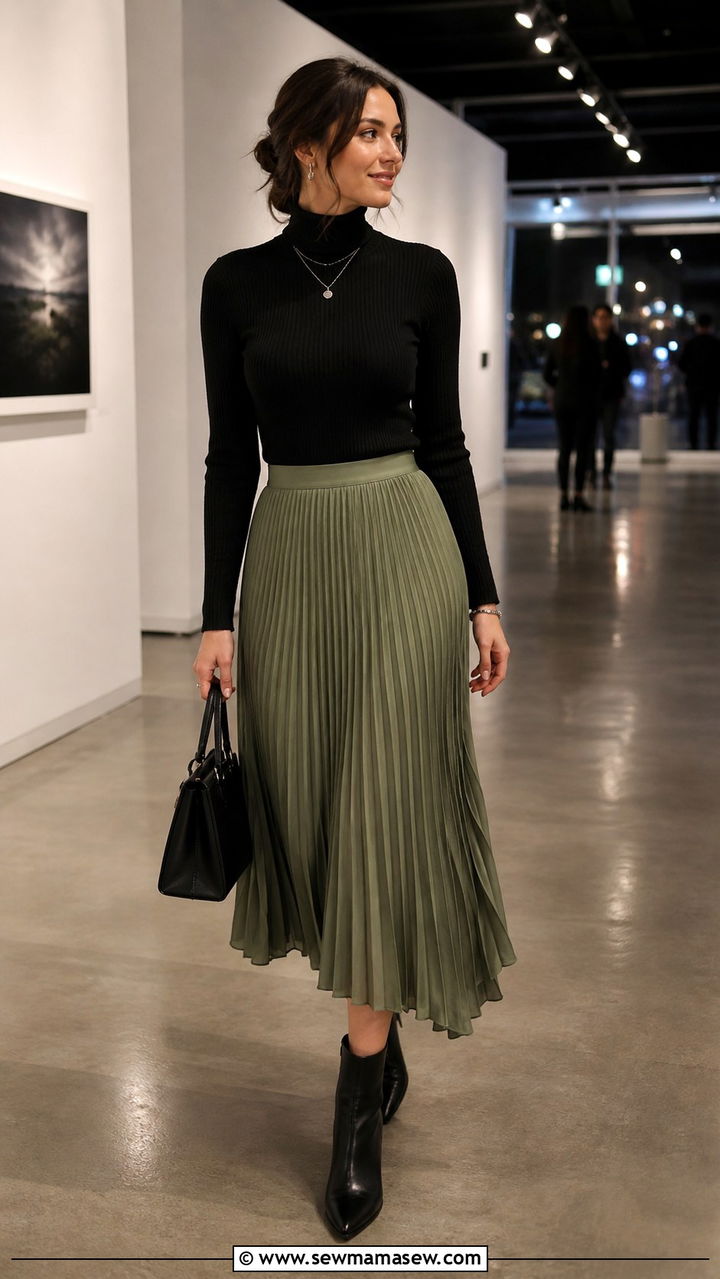 Sage Green Pleated Skirt And Black Turtleneck - 40 Sage green outfit ideas