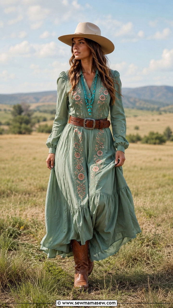 Sage Green Prairie Maxi Dress With Cowboy Boots - 20 Green dress outfit ideas summer 2026