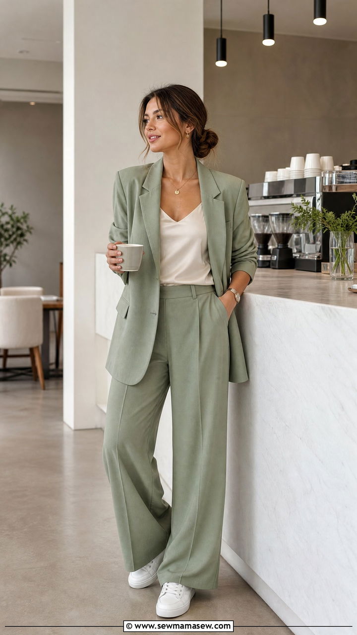 Sage Green Relaxed Suit With Cream Camisole And White Sneakers - 30 Stylish spring outfit ideas 2026