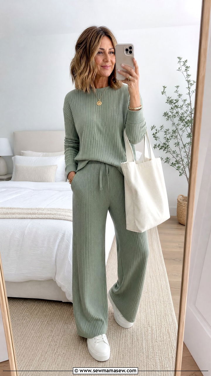 Sage Green Ribbed Knit Set With White Sneakers - 30 Matching set outfit ideas for women over 40