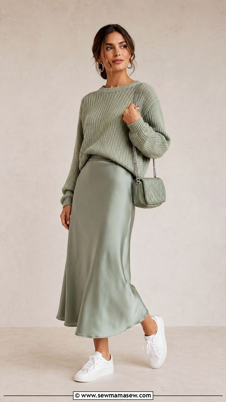 Sage Green Satin Skirt Monochrome Outfit - 30 Monochromatic green outfits