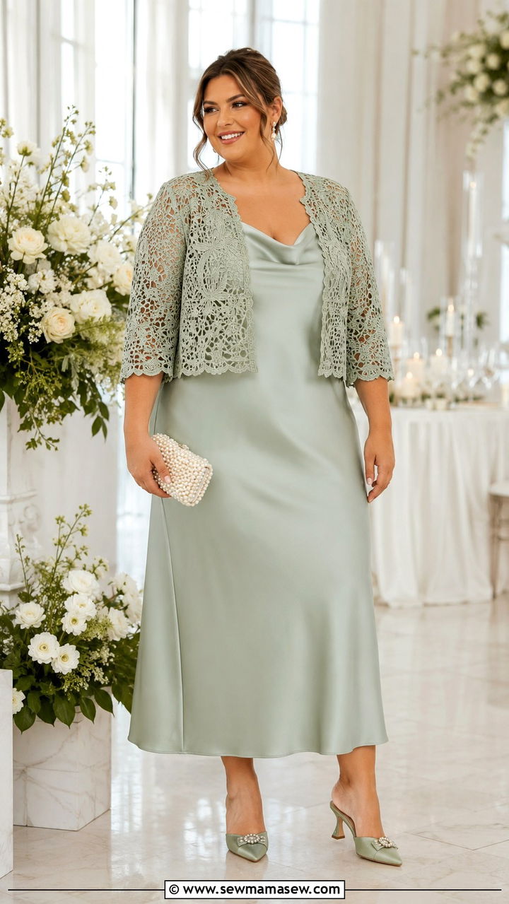 Sage Green Satin Slip Dress With Cropped Lace Jacket And Pointed Mules - 25 Wedding guest outfit ideas size 22