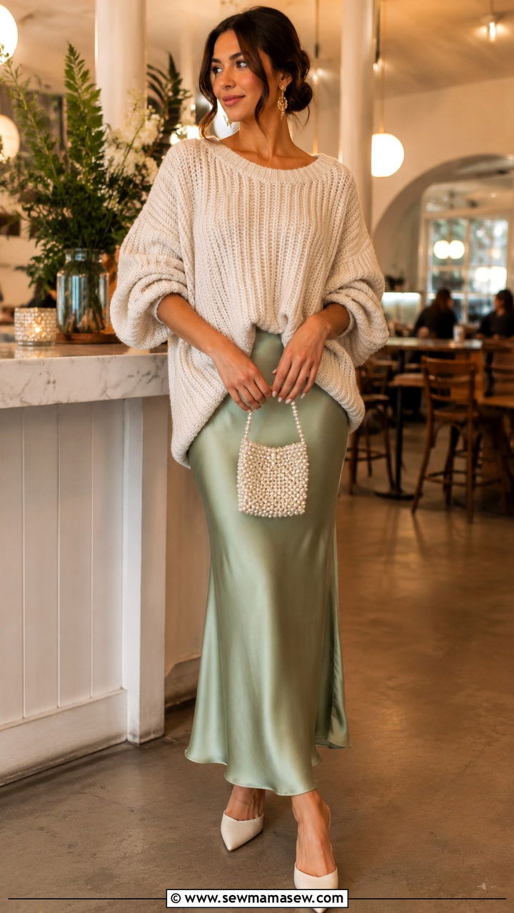 Sage Green Satin Slip Skirt With Chunky Cream Knit - 30 Spring sage outfit ideas
