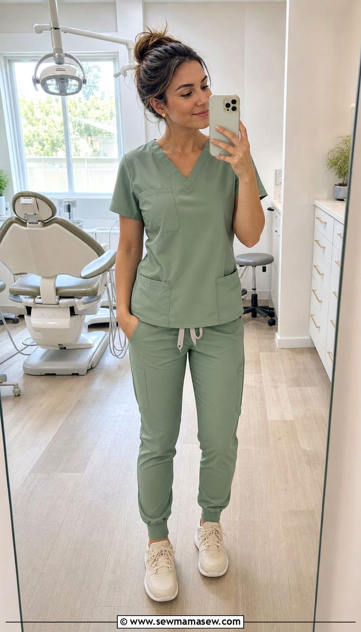 Sage Green Scrub Set With Minimal Accessories - 25 Dental assistant outfit ideas