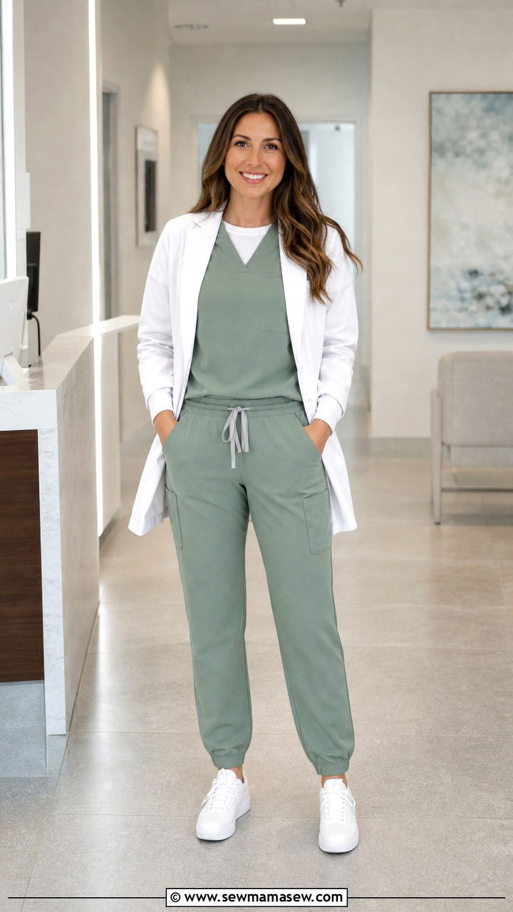 Sage Green Scrubs With White Underscrub And Sneakers - 40 Dentist outfit ideas