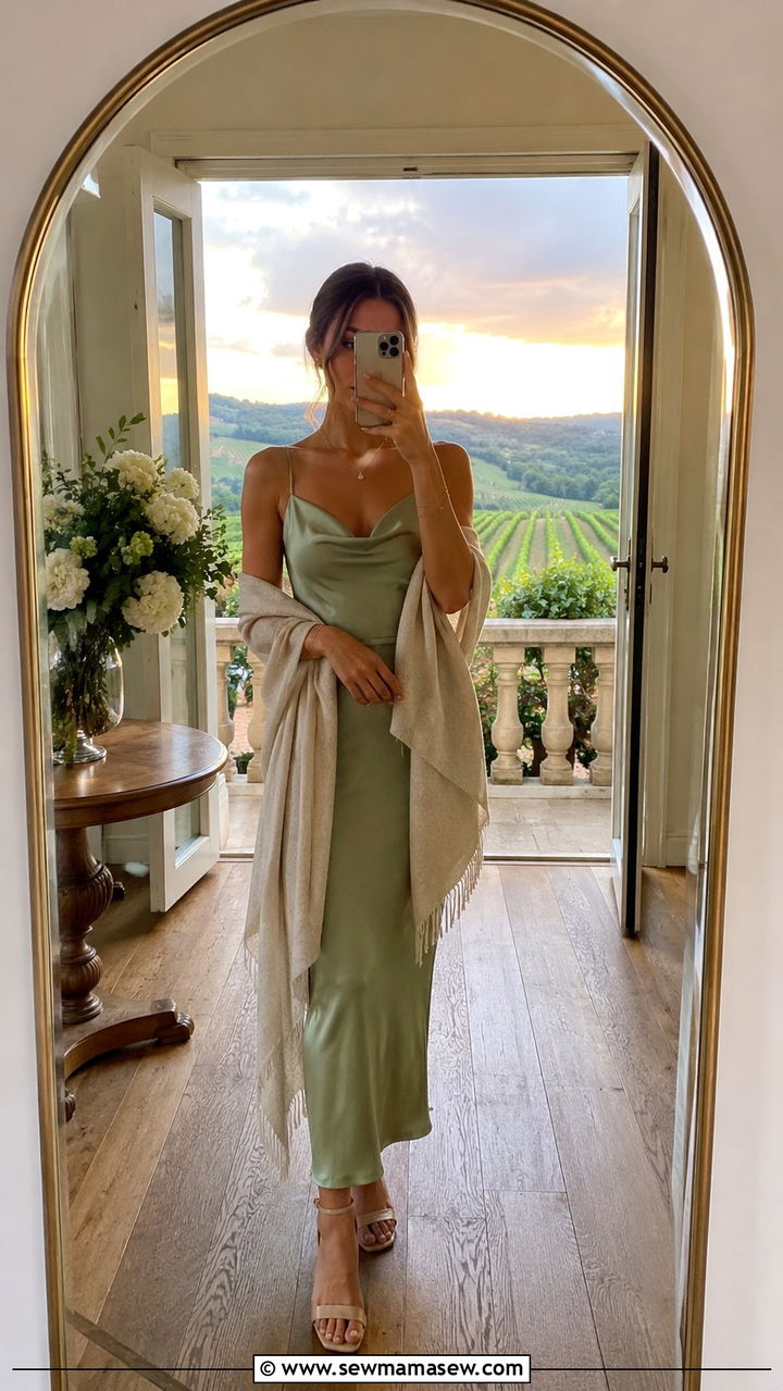 Sage Green Silk Slip Dress With Cashmere Wrap - 30 Old money wedding guest outfits