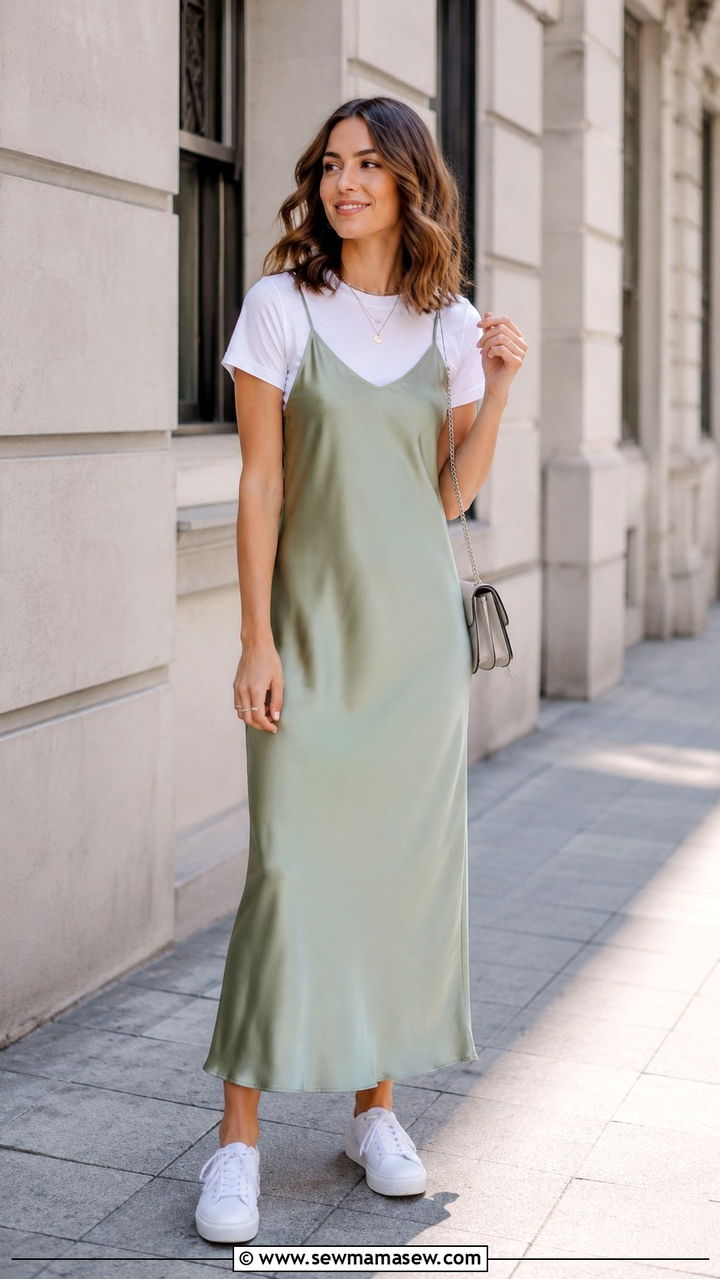 Sage Green Slip Dress Layered Over A White Tee With Sneakers - 30 spring sage green outfit ideas