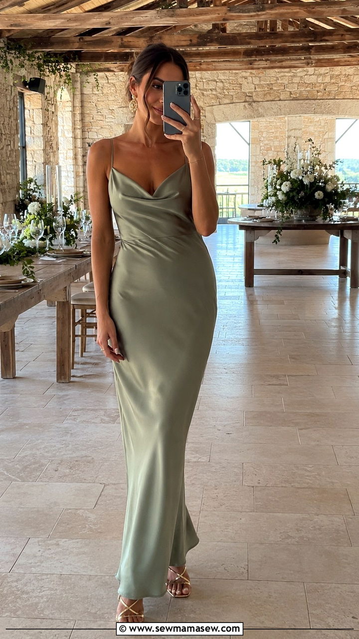 Sage Green Slip Dress With Gold Jewelry Italian Wedding - 20 Wedding guest outfit ideas Italian wedding