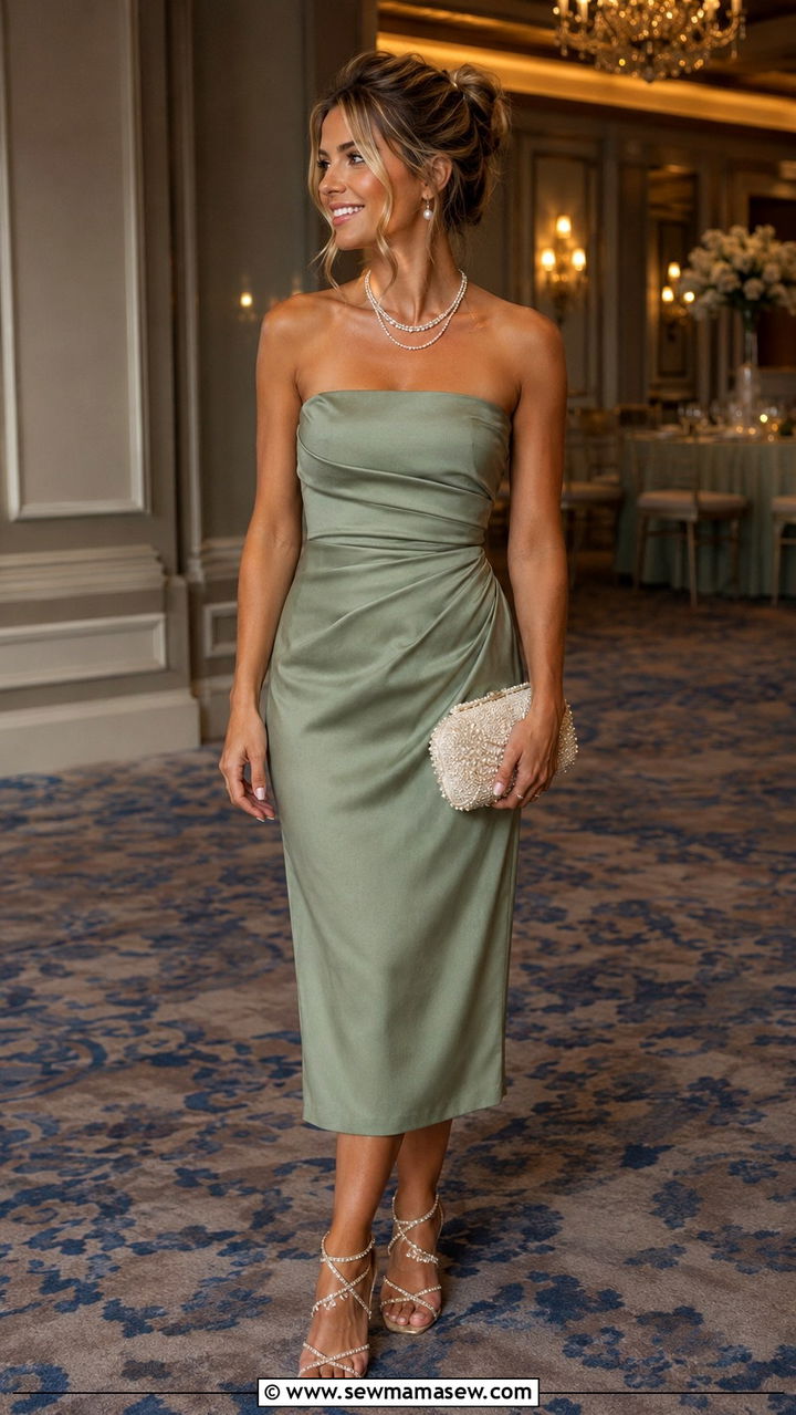 Sage Green Strapless Midi Dress Wedding Guest - 20 Wedding guest outfit ideas sage green dress
