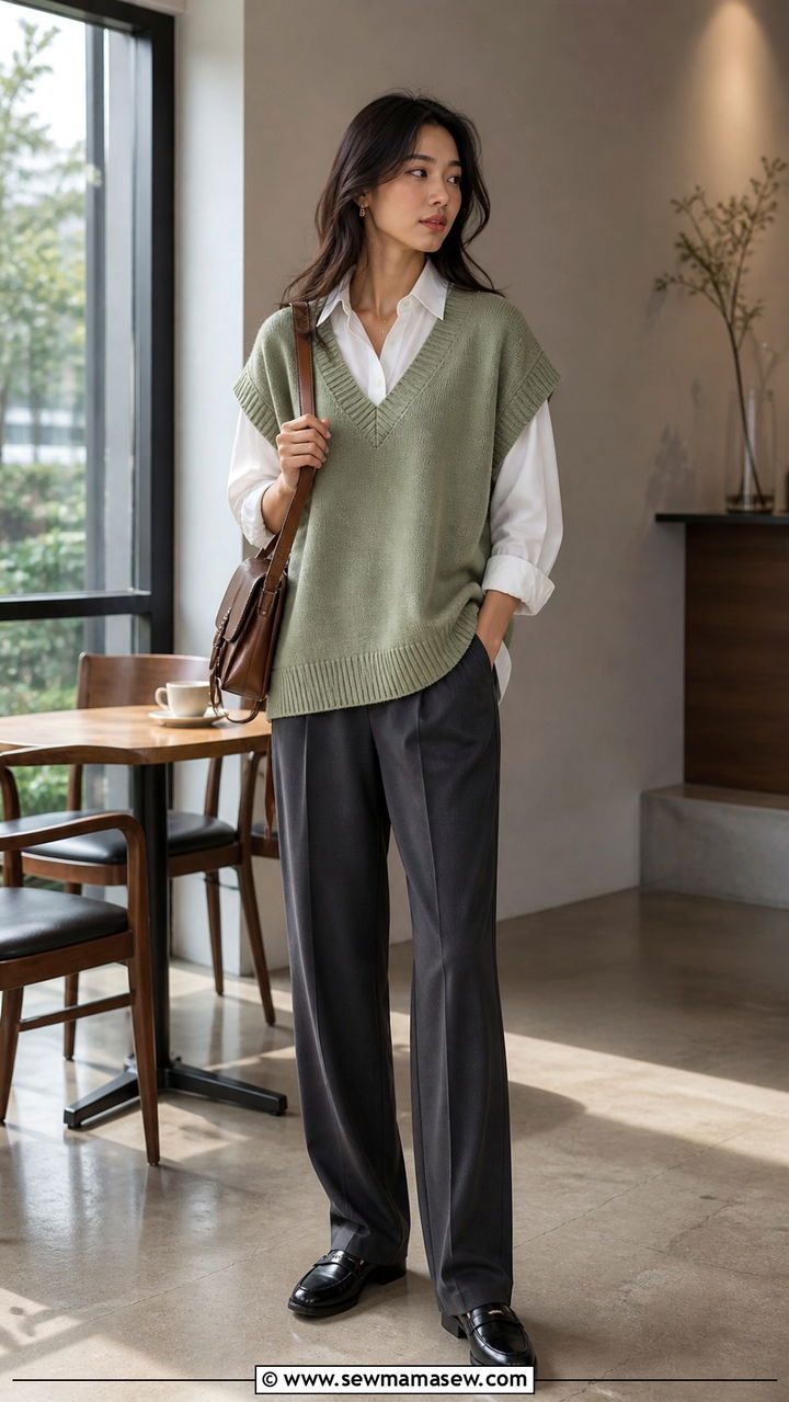 Sage Green Sweater Vest Layered Over White Shirt - 40 Sage green outfit ideas