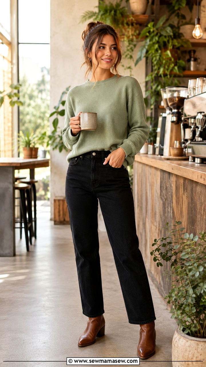 Sage Green Sweater with Black Jeans and Brown Ankle Boots - 30 Spring outfit ideas for barista
