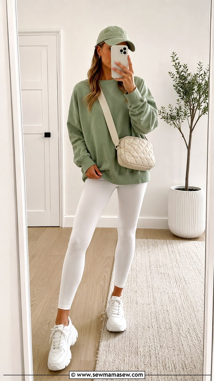 Sage Green Sweatshirt With White Leggings - 30 Spring sage outfit ideas