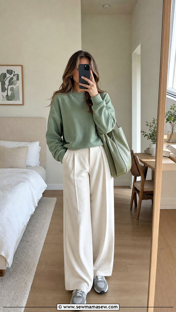 Sage Green Sweatshirt and Cream Trousers - 25 Clean girl outfit ideas for school