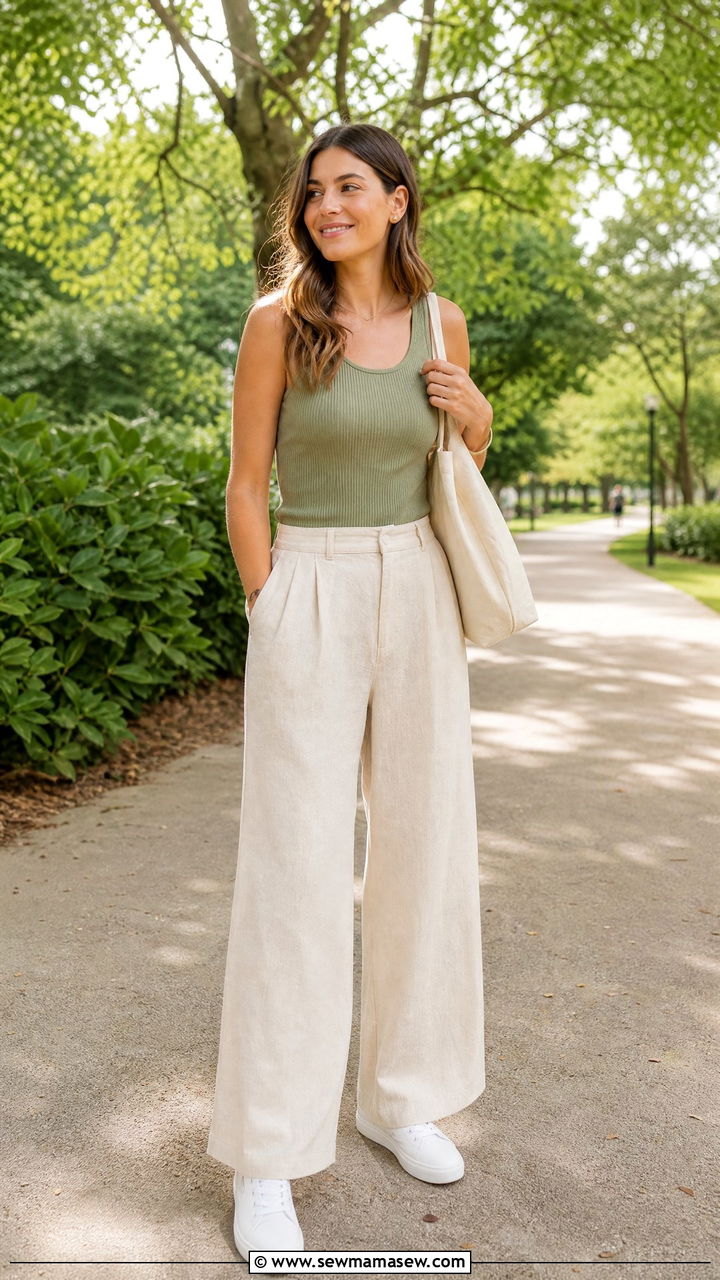 Sage Green Tank with Cream Wide Leg Linen Pants and White Sneakers - 25 classy clean girl outfits