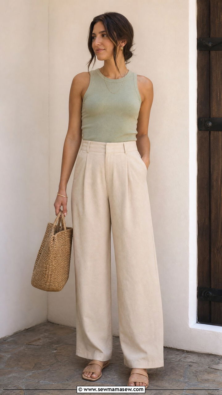 Sage Green Top with Beige Wide Leg Trousers Outfit - 30 summer old money outfit ideas