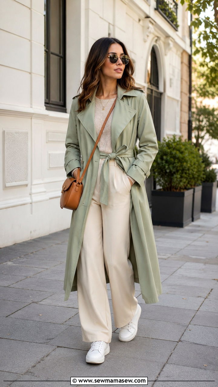 Sage Green Trench Coat Over A Neutral Outfit - 30 spring sage green outfit ideas
