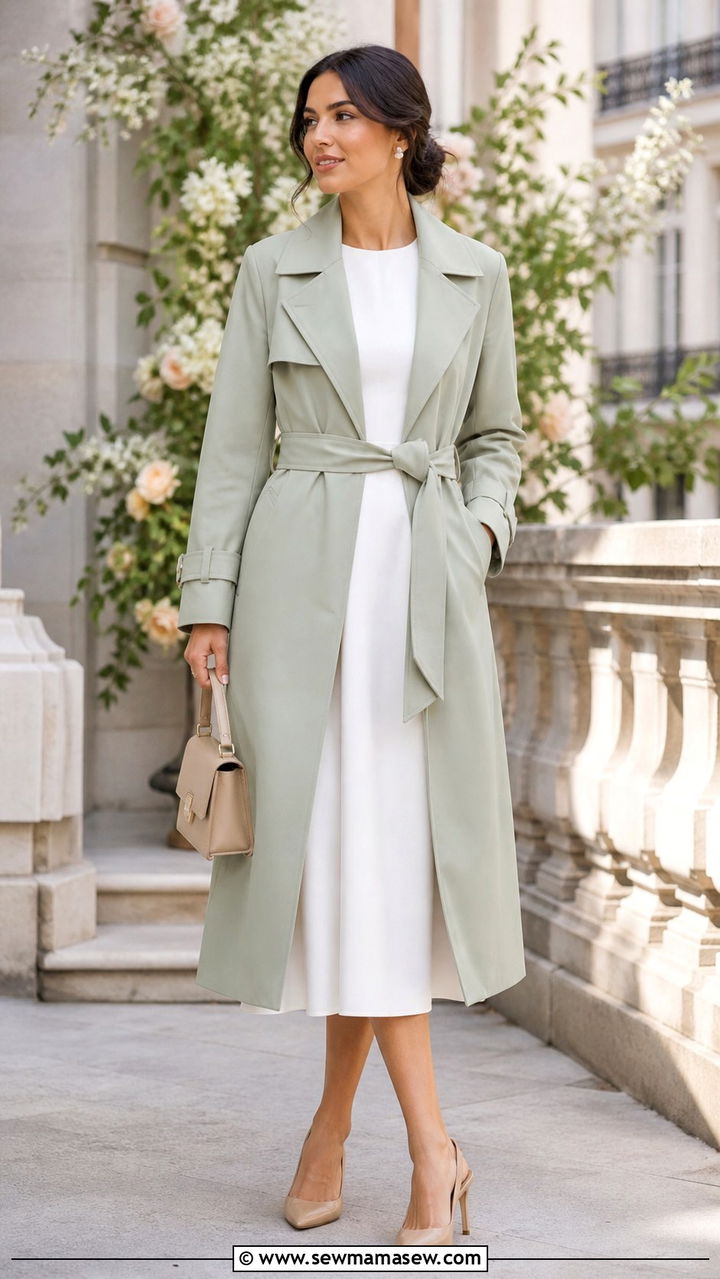 Sage Green Trench Coat Over White Dress - 40 Sage green outfit ideas