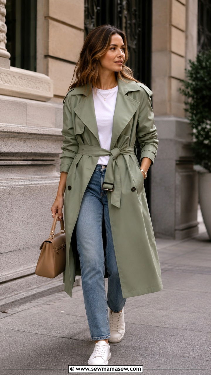 Sage Green Trench Coat With Straight Leg Jeans - 30 Spring sage outfit ideas