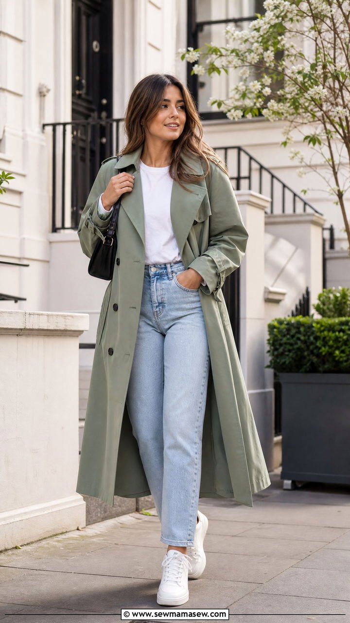 Sage Green Trench Coat With White Tee And Light Wash Denim - 25 Sage girl outfit ideas