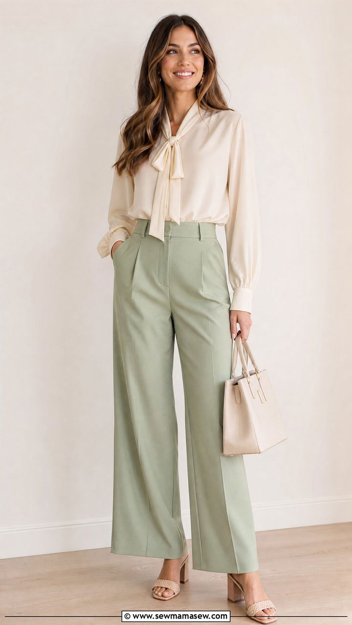 Sage Green Trousers With A Cream Blouse And Woven Heels - 40 Spring outfit ideas