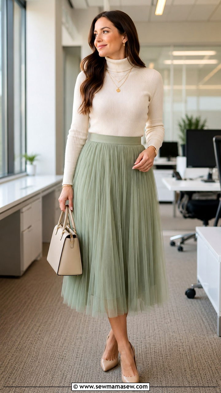 Sage Green Tulle Skirt With Cream Turtleneck And Nude Heels - 25 Tulle skirt outfit ideas for work