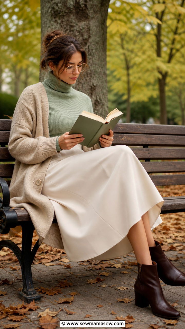 Sage Green Turtleneck With A Line Skirt And Cardigan - 40 light academia outfits for women